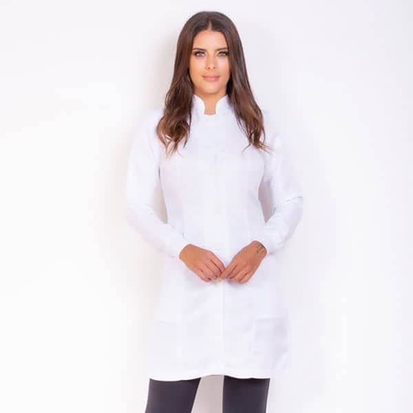 Jaleco Feminino – branco em gabardine com gola padre