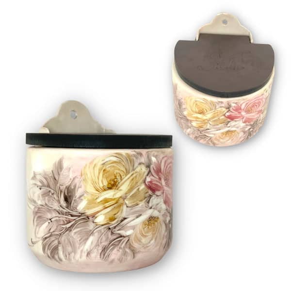 Saleiro de Parede Reto Porcelana Tampa Madeira 700 grs sal